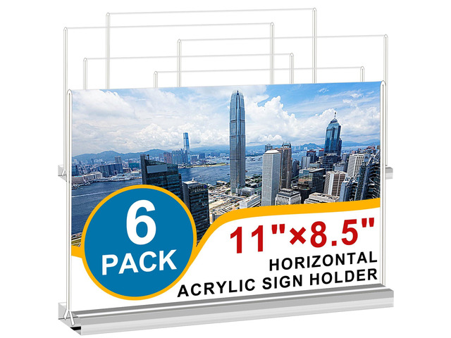 Acrylic Sign Holder 8.5x11 Inches 6 Pack Horizontal, T -Shaped Double Sided Clear Paper Frames, PlasticTable Menu Display Holder, Document Flyer...