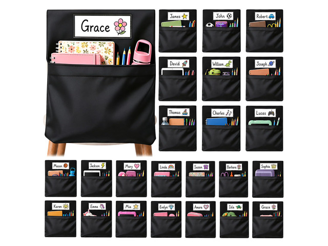 24 PCS Chair Pockets for Classroom, 20 x 17 Inch Extra Large Seat Sacks with Name Tags, Heavy-Duty Oxford Fabric Chair Organizers for School, Home,...