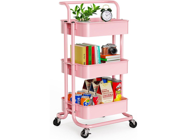 Metal 3 Tier Rolling Cart with Handle & 2 Lockable Wheels, Pink Four Large 2' Wheels for Easy Motion, Sturdy Metal, Hold 22 lbs per Shelf, Ideal...
