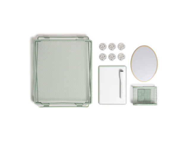 Magnetic Locker Organizer Kit with Decor, Green Eleven pieces: a stackable metal locker shelf, gold oval mirror, mesh cup, dry erase board, marker...