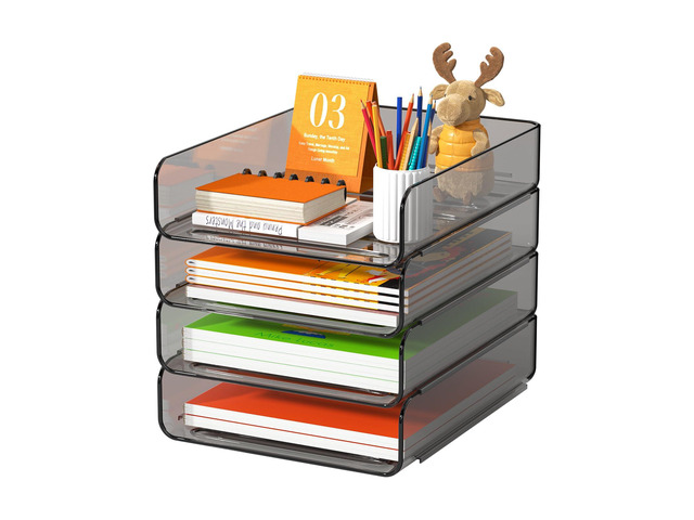 4-Tier Acrylic Paper Tray Organizer, Brown Office Paper Organizer Stackable, Tool-Free Design with 2-4 Tiers for A4 Paper, Files, Books and Mail;...