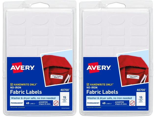 No-Iron Fabric Labels, Assorted Shapes and Sizes, Washer and Dryer-Safe Waterproof Labels, Non-Printable, 45 Count (40700), (Pack of 2)