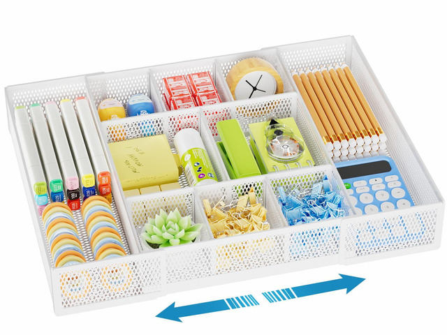 Expandable Desk Drawer Organizer, Mesh Drawer Organizer Tray with 10 Adjustable Compartments, Desk Organizers and Accessories, 5 Dividers Drawer...