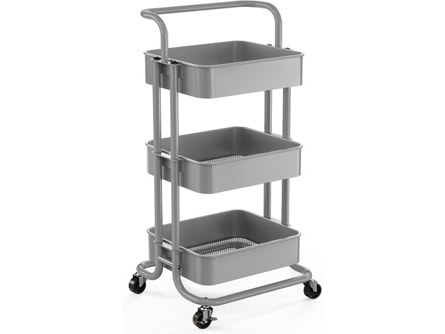Metal 3 Tier Rolling Cart with Handle & 2 Lockable Wheels, Gray Four Large 2' Wheels for Easy Motion, Sturdy Metal, Hold 22 lbs per Shelf, Ideal...
