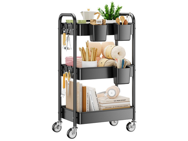 3 Tier Rolling Cart, Heavy Duty Metal Utility Cart with Wheel Black Sturdy Rolling Storage Cart With Hooks & Hanging Cups, Great For Craft, Art...