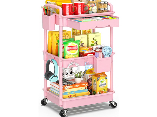 3 Tier Rolling Cart with Drawer, Craft Storage Cart Organizer, Pink Bathroom Storage Organizer with 2 Lockable Wheels, Rolling Utility Cart for...