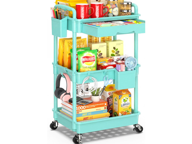 3 Tier Rolling Cart with Drawer, Craft Storage Cart Organizer, Blue Bathroom Storage Organizer with 2 Lockable Wheels, Rolling Utility Cart for...