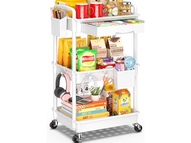 3 Tier Rolling Cart with Drawer, Craft Storage Cart Organizer,White Bathroom Storage Organizer with 2 Lockable Wheels, Rolling Utility Cart for...