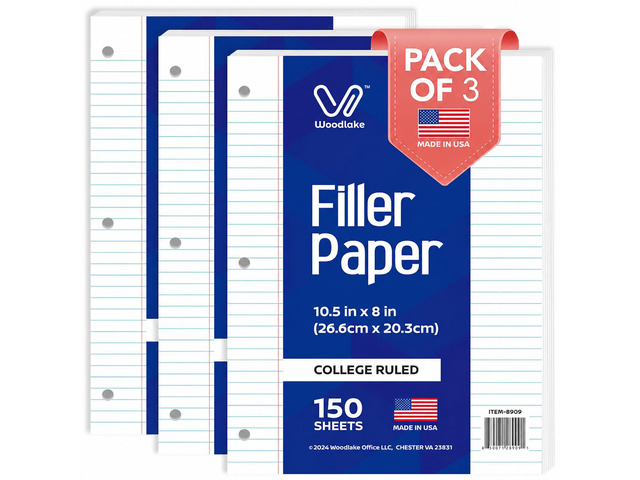 Loose Leaf Paper, College Ruled Notebook Paper, 8 x 10.5, 150 Sheets per Pack, 3 Pack, Lined Filler Paper, 3 Hole Punched, 65gsm, Made in USA