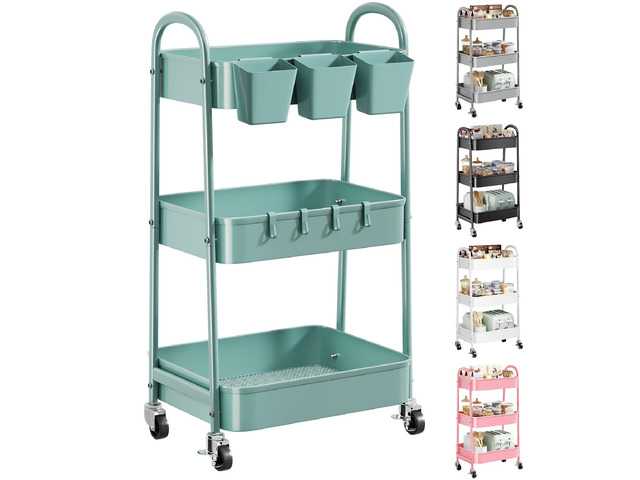 3 Tier Green Metal Rolling Cart with Lockable Wheels and Handle, 3 Tiered Utility Storage Organizer Carts for Teacher, Arts, Craft, Snack, Book,...