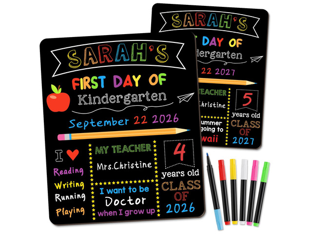 First & Last Day of School Signs with 6 Writing Pens, 10 x 12 Inch Double Sided Back to School Board, Reusable Wooden 1st Day of...