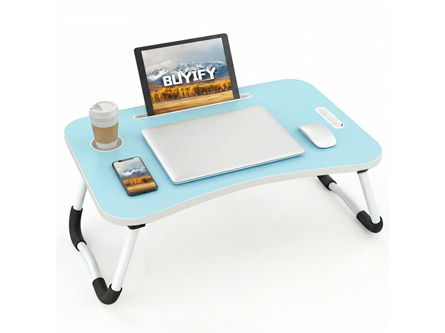 23' Foldable Lap Desk for Laptop Writing w/Cup Holder Blue Sturdy and Durable, Laptop Bed Desk with Tablet Slot, No Assembly, Space Saving for Bed...