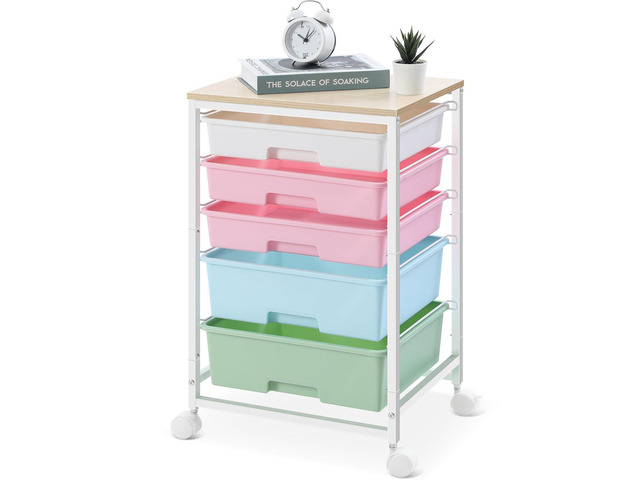Utility Cart with 5 Drawers with Wooden Top, Rainbow 5-Tiers Storage Cart with Drawers with Lockable Wheels for Craft Organizers and Storage,Home...