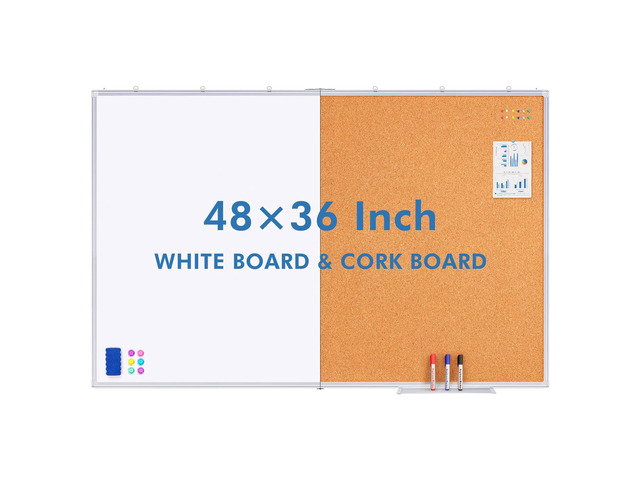 Magnetic White & Cork Board Combo 48' x 36' Aluminum Frame Dry Erase Bulletin Board, Wall Mounted or Hanging. Dual-function Surface for Writing &...