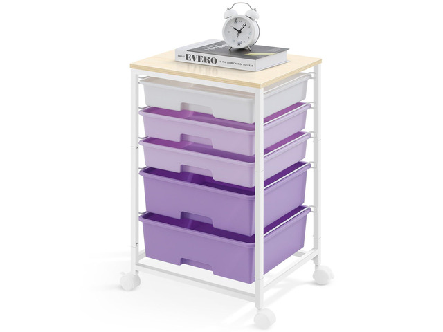 Utility Cart with 5 Drawers with Wooden Top,Purple 5-Tiers Storage Cart with Drawers with Lockable Wheels for Craft Organizers and Storage,Home...