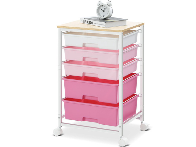 Utility Cart with Drawers,5 Drawers Storage Cart,Rose Pink 5-Tiers Drawer Cart with Wooden Top with Lockable Wheels for Craft Organizers and...