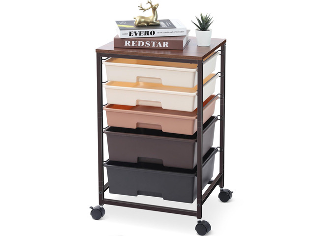 Rolling Cart with Drawers, 5 Drawers Utility Cart, Dark Brown 5-Tiers Storage Cart with Drawers with Lockable Wheels for Craft Organizers and...