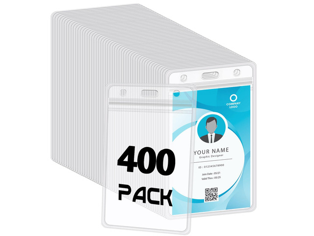 400 Pack Vertical Id Badge Holders, Clear Waterproof PVC, 4.5 x 2.7 in Resealable Zip Closure, Transparent And Scannable, Soft Durable Pvc, Fits Id...