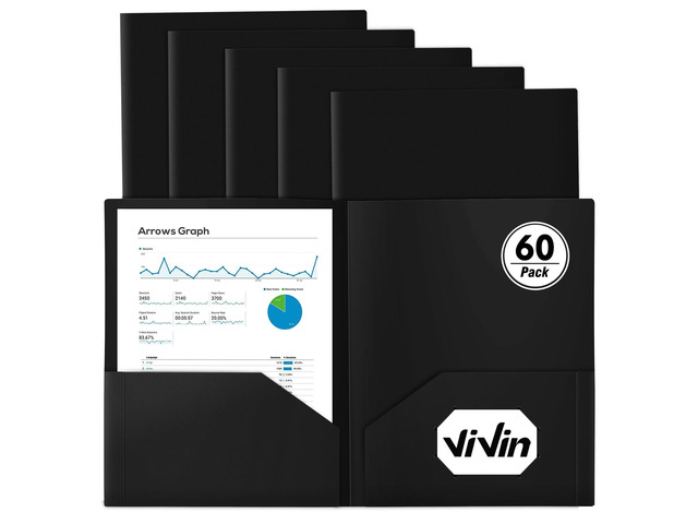 60 Pack Plastic Folders with Pockets (Black) Fits Letter Size Papers, Sturdy 2 Pocket Folders, Plastic Pocket Folder for Home School and Office