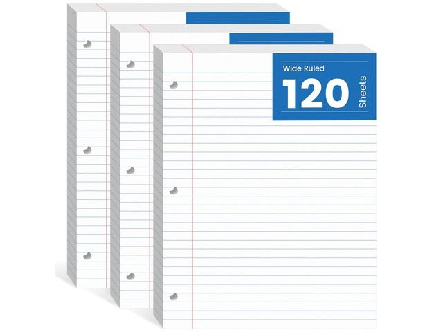 Loose Leaf Paper 8.5x11, 360 Sheets Filler Paper 3 Hole Punch Binder Paper Wide Ruled Lined Paper 8.5 x 11 for 3 Ring Binder, White, 3 Pack, 120...