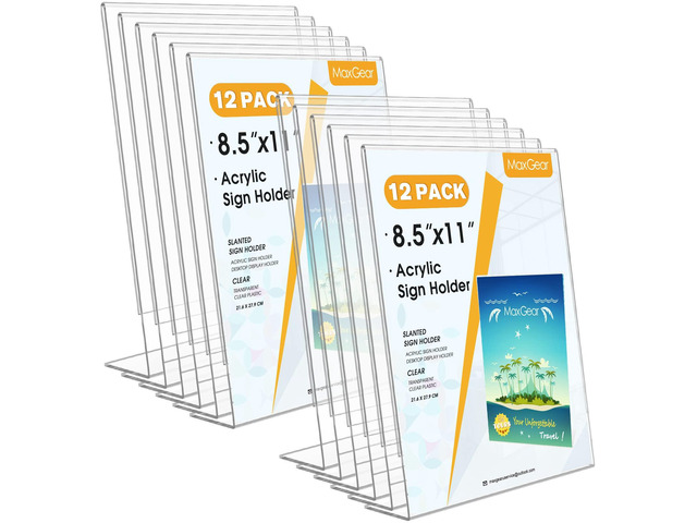 Acrylic Sign Holder, 8.5 x 11 Slant Back Display Stand, 12 Pack Clear Acrylic Material, L-Shape Design for Menus, Flyers and Signs, Easy Paper...