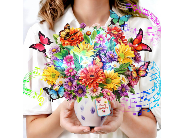 Birthday Cards for Women,with Light and Music Daisy Pull-out Butterfly 10 Inch Forever Flower Bouquet, 3D Pop Up Birthday Gift Card for Wife Mom...