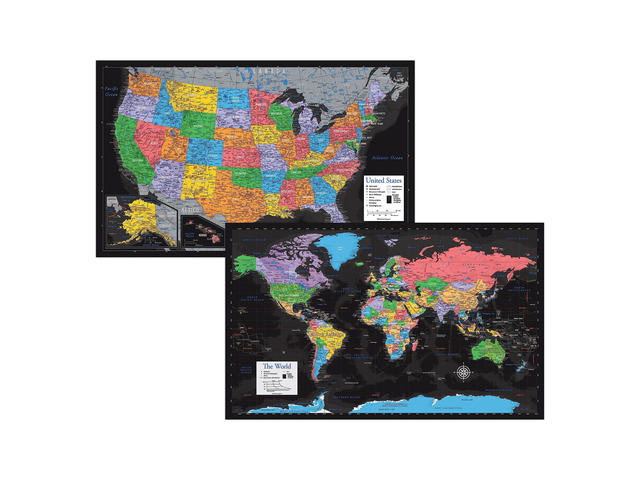 Laminated World Map & US Map Poster Set - 18' x 29' - Wall Chart Maps of the World & United States - Made in the USA (LAMINATED) (Black)