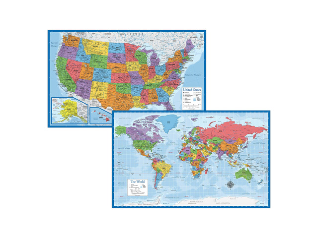 Laminated World Map & US Map Poster Set - 18' x 29' - Wall Chart Maps of the World & United States - Made in the USA - (LAMINATED, 18' x 29')