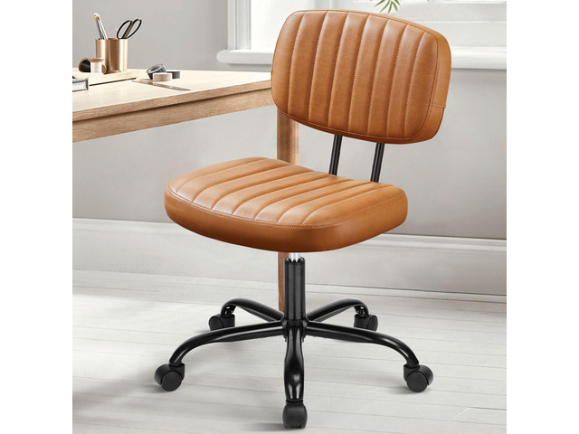 Small Desk Chair, Home Office Chair, Lumbar Support PU Leather, Low Back, 360 Swivel Wheels, Height Adjustable, Armless Computer Task, Brown
