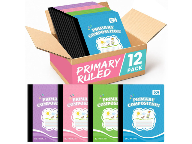 Primary Ruled Composition Notebook K-2, Cute Composition Notebook 12 Pack 9-3/4' x 7-1/2', 160 Pages (80 Sheets), Pastel Primary Composistion...