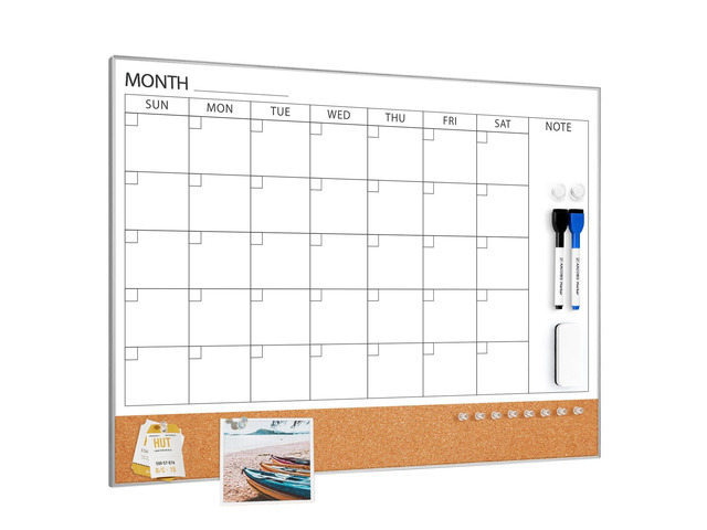 Dry Erase Calendar with Cork Board for Wall 24'x 18' Magnetic Calendar Whiteboard with Silver Frame, Monthly Combination Board for School, Home,...
