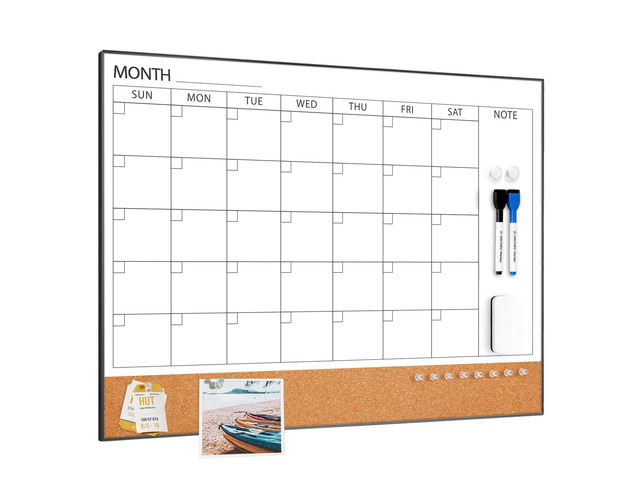 Dry Erase Calendar with Cork Board for Wall 24'x18' Magnetic Calendar Whiteboard with Black Frame, Monthly Combination Board for School, Home, Office