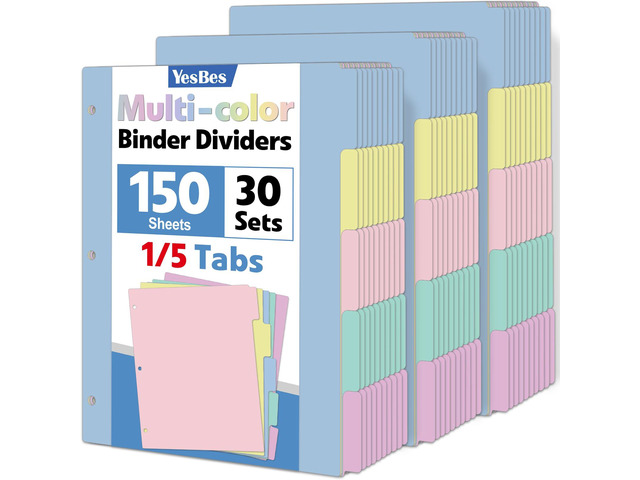 150 Pcs Colored Binder Dividers with Tabs, 1/5 Cut Tabs, Dividers for 3 Ring Binder, Blank Write On Binder Dividers in 5 Tab Sets, Letter Size, 150...