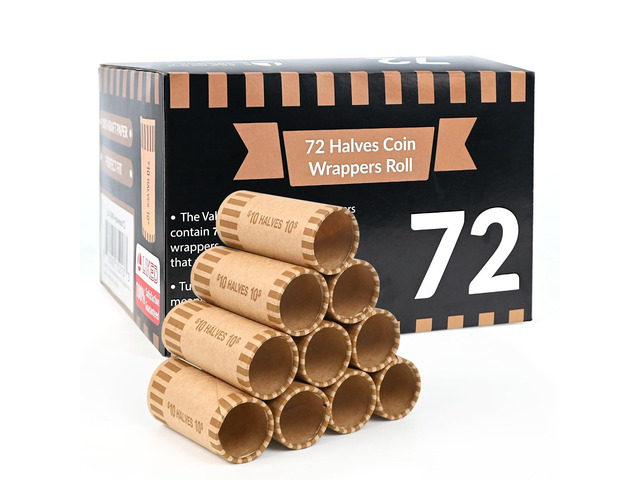 L Liked 72 PCS Preformed Coin Wrappers Rolls-Halves, Brown Heavy-duty 60lb kraft paper, ABA color-coded, crimped ends, for manual & automatic coin...