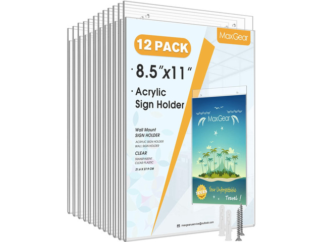 Acrylic Wall Mount Sign Holder, 8.5 x 11 Vertical, 12 Pack Clear Acrylic Material, Easy Wall Installation with Included Screws and Pre-drilled...