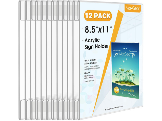 Acrylic Sign Holder 8.5 x 11 Wall Mount with Tape, 12 Pack Strong Double-Sided Tape, Easy Insert and Replace Signs, Posters and Documents, Acrylic...