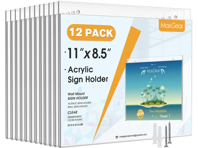 Acrylic Wall Mount Sign Holder, 8.5 x 11 Landscape, 12 Pack Clear Acrylic Material, Easy Wall Installation with Included Screws and Pre-drilled...