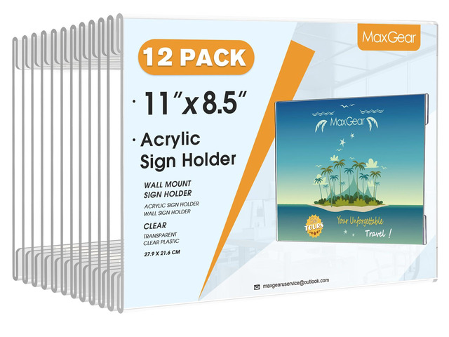 Acrylic Sign Holder 8.5 x 11 Wall Mount, 12 Pack, Landscape Includes Strong Double-Sided Tape, Easy Insert and Replace Document and Flyer, Acrylic...