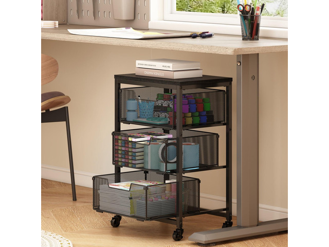 Under Desk Storage Cart with Lockable Wheels, 3-Drawer Rolling Storage Cart, Metal Utility Cart with Drawers for Art, Cart, Classroom, Office,...
