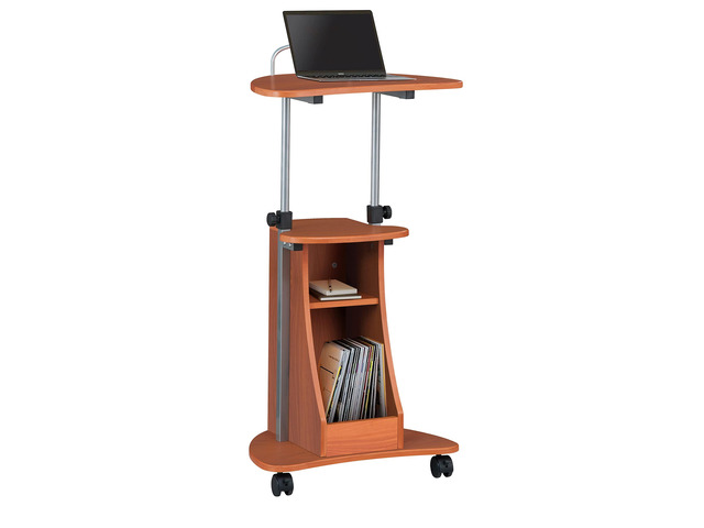Adjustable Height Rolling Laptop Cart with Storage, Woodgrain Adjustable height rolling laptop cart with storage drawer, open shelf, wheels,...