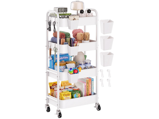 4 Tier Rolling Storage Cart Metal with Wheels, 37in Heavy Duty Roller Carts White Four Tiered Utility Organizer Shelf on Wheels for Art, Craft,...