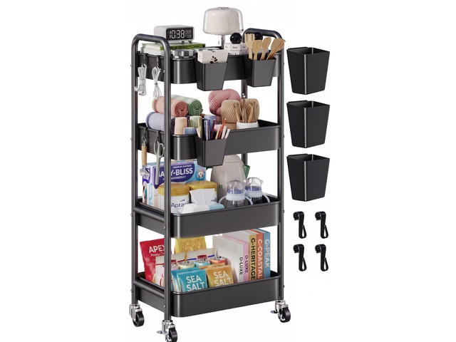 4 Tier Rolling Cart Metal with Wheels, Black Storage Carts,38in Tall Heavy Duty Large Organizer on Wheels, Four Tiered Utility Roller Shelf for...