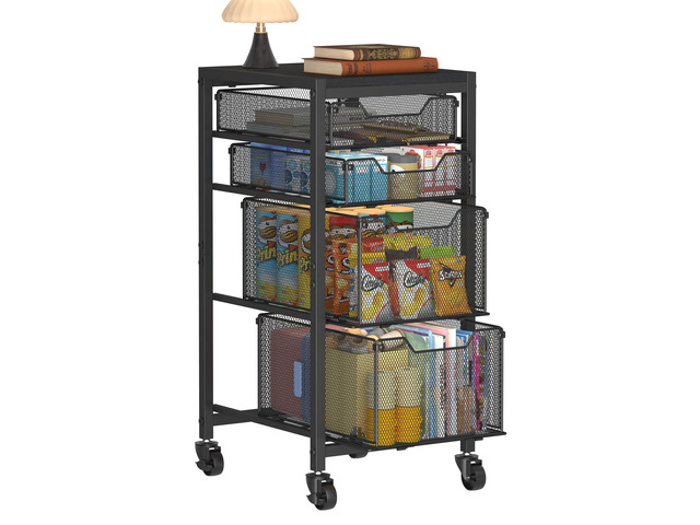Rolling Storage Cart with Drawers, Under Desk Storage with Wooden Tabletop & Lockable Wheels, 4-Tier Storage Drawers for Bathroom, Craft, Office,...