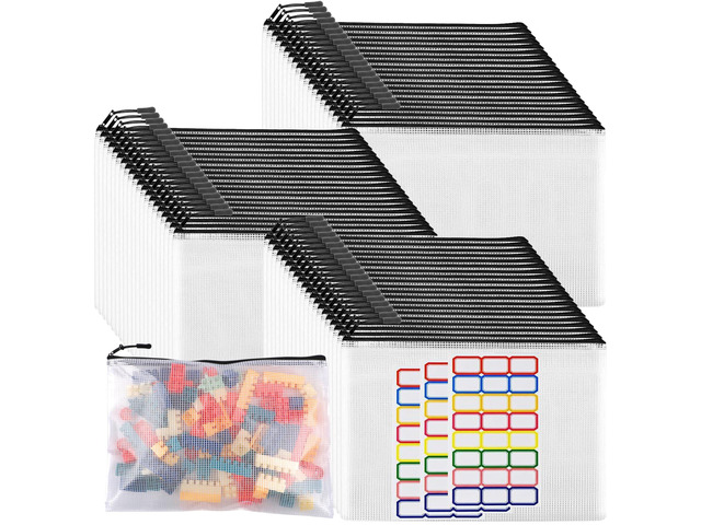 60pcs Large Mesh Zipper Pouch File Bags Reusable Zippered Pouches for Organizing Classroom, Board Game Storage, Puzzle Bags Black