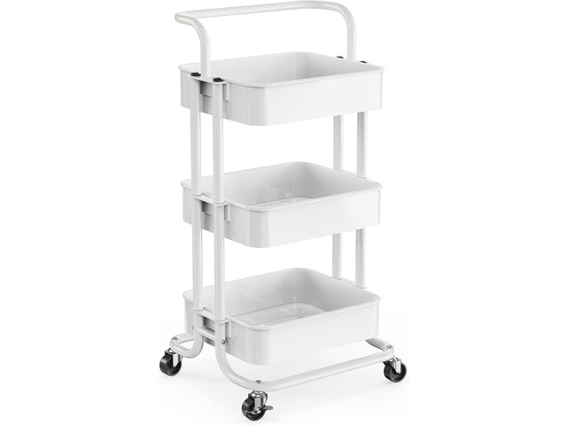 3 Tier Rolling Cart, Utility Cart with Wheels & Handle, White Four Large 2' Wheels for Easy Motion, Sturdy Metal, Hold 22 lbs per Shelf, Ideal for...