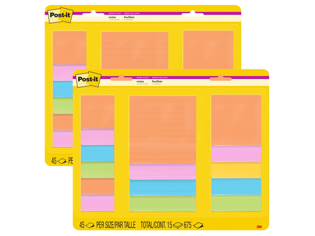 Super Sticky Notes Multi-Size Supernova Neons 2 Pack (2 x 15 Pads, 45 Sheets Each = 30 Pads, 1350 Sheets) Sticky Notes for Walls, Doors, Windows...