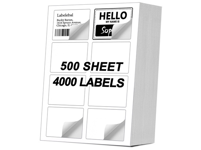(4000 Labels/500 Sheets) Self Adhesive Name Tag Stickers, 8 Labels per Sheet, A4 Stickers 3-3/8' x 2-1/3' for Inkjet/Laser Printers, White Sticker...