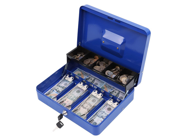 Cash Box with Key Lock, Metal Money Box, Safe Storage box, Blue Cash Box with Money Tray and Key Lock,Tiered, Cantilever Design,4 Bill / 5 Coin...