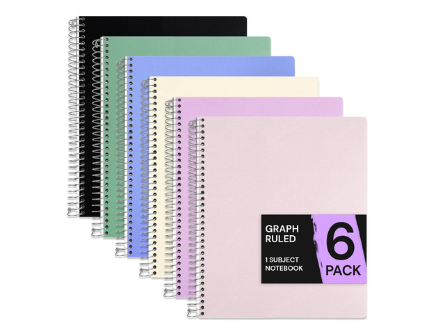 1 Subject Graph Paper Spiral Notebook 6 Pack, 200 Pages, Assorted 100 Sheets, 9 x 11 in, Waterproof Plastic Cover, Durable, 3-Hole Punched,...