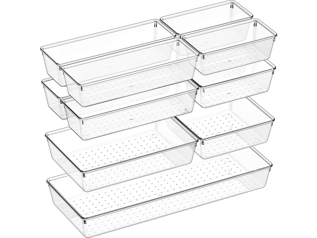 11 PCS Clear Plastic Drawer Organizer Set - 5 Large Size Versatile Kitchen and Bathroom Organizer Trays, Non-Slip Storage Bins for Makeup,...